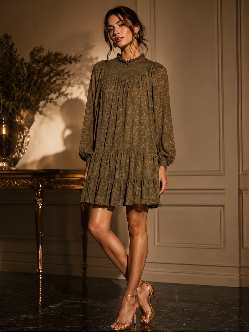 ANN TAYLOR LOFT~Ladies SZ:SP Smocked Swing Dress Blouson Sleeves Olive & Cream